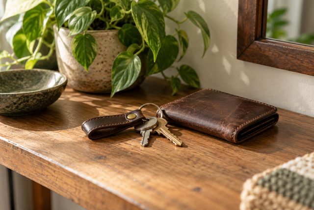 Keys and a leather wallet on a wooden shelf