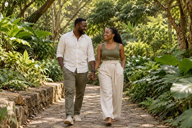 A couple walking hand in hand along a leafy garden path