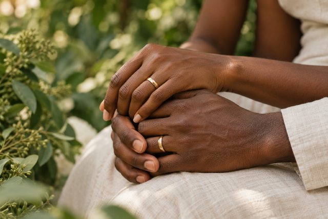Joined hands wearing wedding bands against soft green foliage