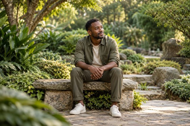A man seated quietly on a garden bench