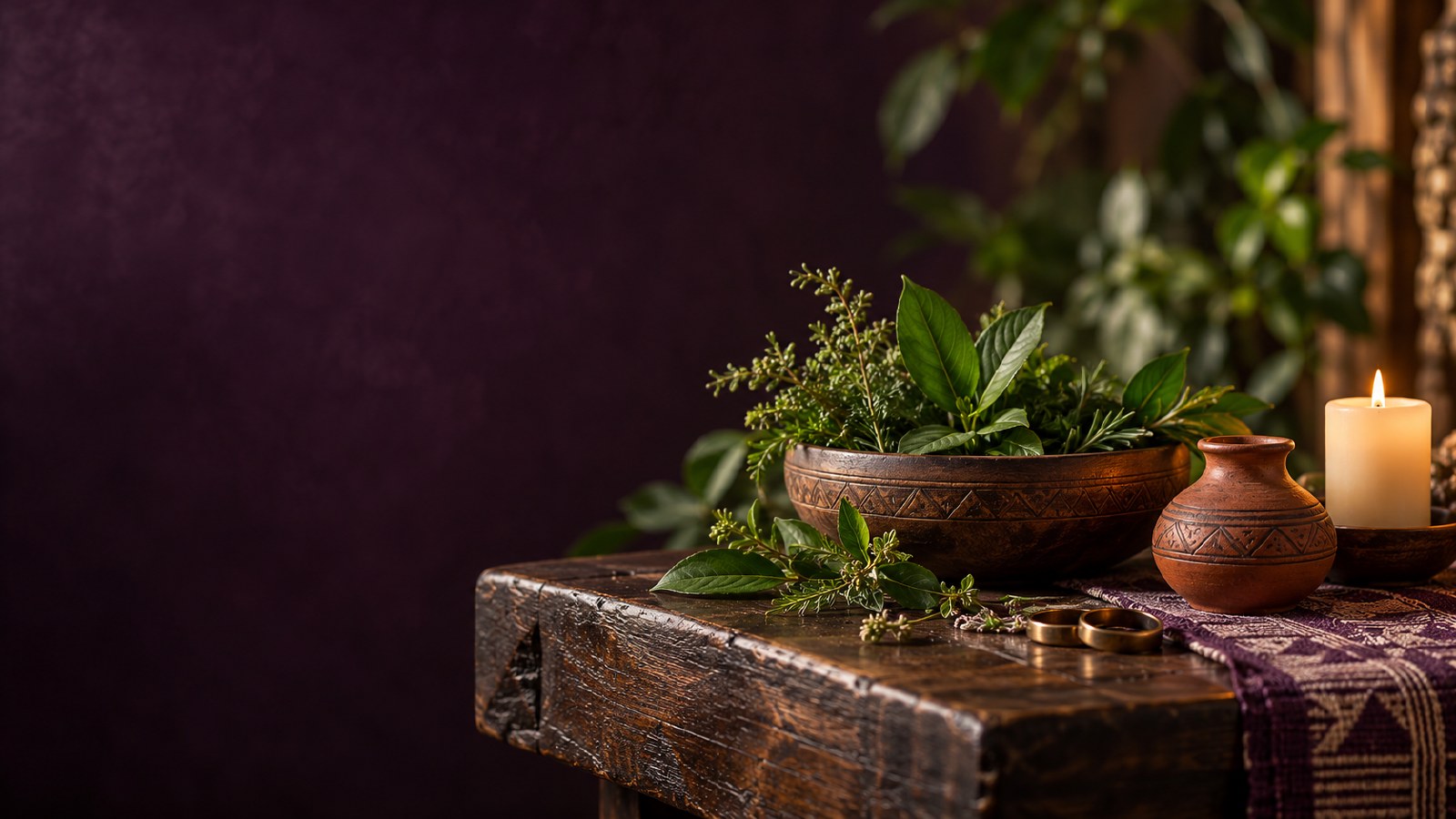 Fresh herbs in a carved wooden bowl beside a clay pot and a glowing candle